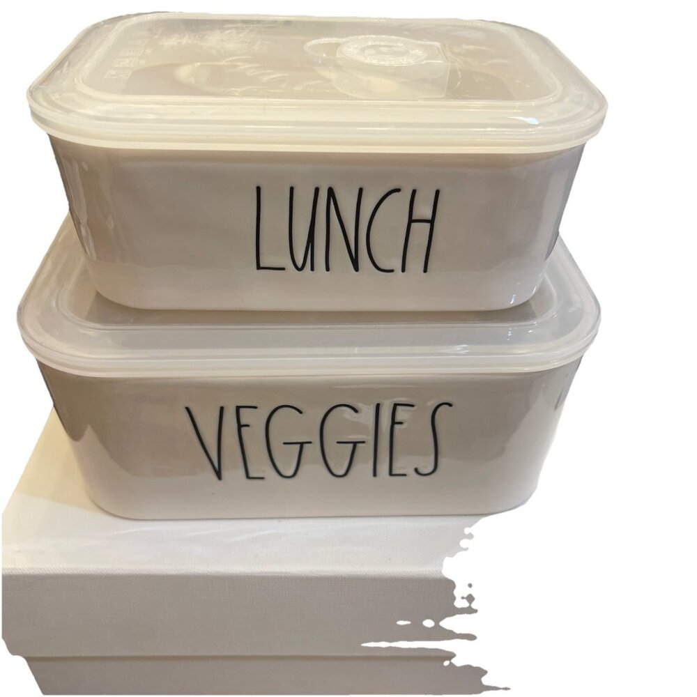 Rae Dunn Artisan 6.75" LUNCH & 7.5” Veggies Ceramic Food Container + Vented‎ Lid